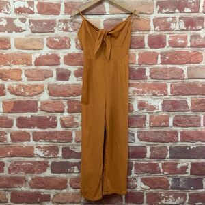 DO + BE Pants Jumpsuit Women's Medium Brown Linen Blend Tie Neck Casual Pull On